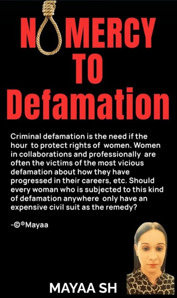 Women Empowerment Culturist, Essayist, Thinker, Social and Legal Activist on advisories on Family Law in India, Evolutionary Developmental Feminist, Social Activist and Campaigner for Women's Rights, Multiple State, National Award Winner and Internationally acclaimed Multiple World Record Holder, Renowned name in Contemporary Literature, Suicide Prevention Expert, World Recognised Authoress Mayaa SH speaks on Emotional Distress Induced by Defamatory Content. What is Defamation? Defamation is the act of sharing false information that harms the reputation of a person, business, or organization. It can lead to legal proceedings and can cause distress and income loss. Character assassination involves deliberate or undeliberate attempts to tarnish an individual's reputation and credibility. It's a deeply personal attack, affecting not just one's professional life but also their self-esteem and mental well-being. 