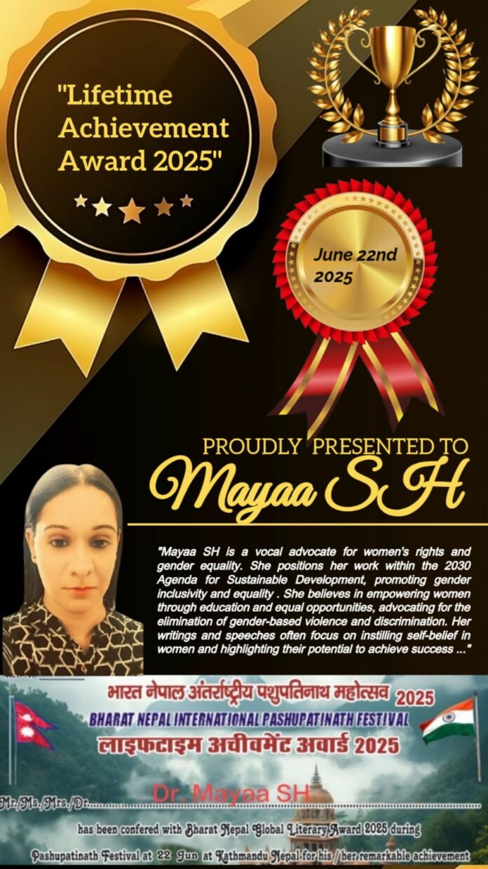Mayaa SH, Lifetime Achievement Award 2025, Bharat Nepal International PashupatiNath Mahotsav Lifetime Achievement Award 2025